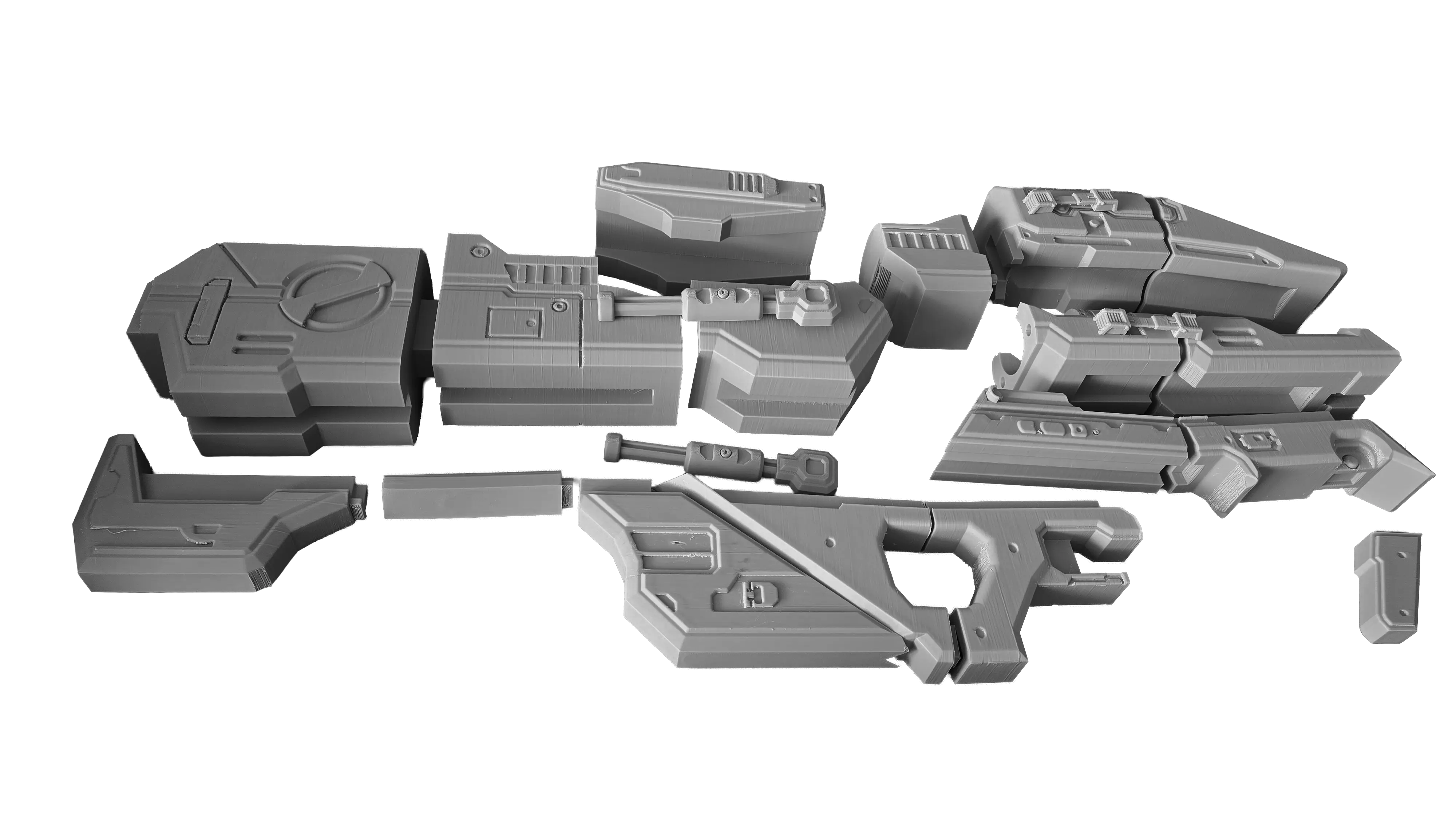 Raw 3D-printed weapon kit pieces, unfinished